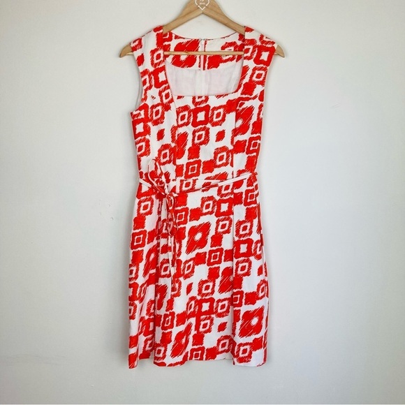 Shoshanna square neck orange and white patterned mini dress. Size 8 - Picture 3 of 7
